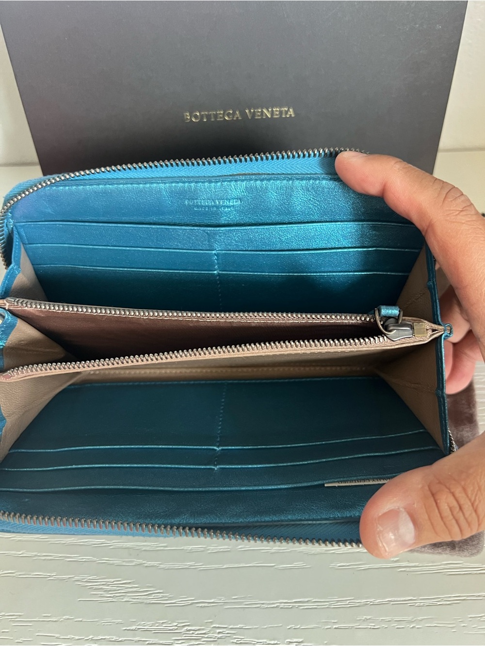 BOTTEGA VENETA Nappa Intrecciato Moondust Zip Wallet Blue - Picture 9 of 16